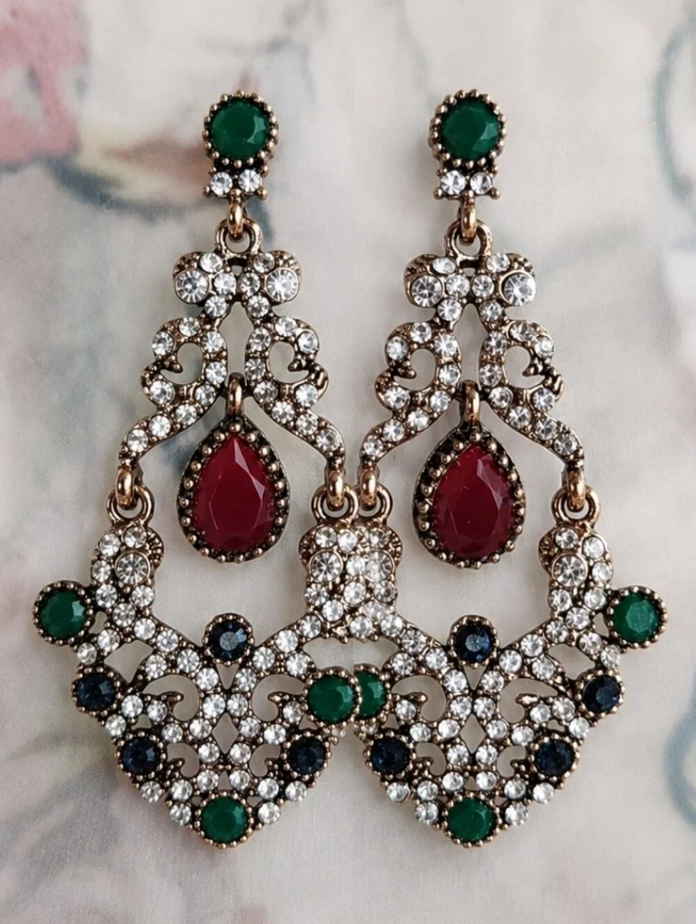 Turkish Pierced Gold Tone Pierced Earrings Emerald Sapphire Burgundy Clear Color